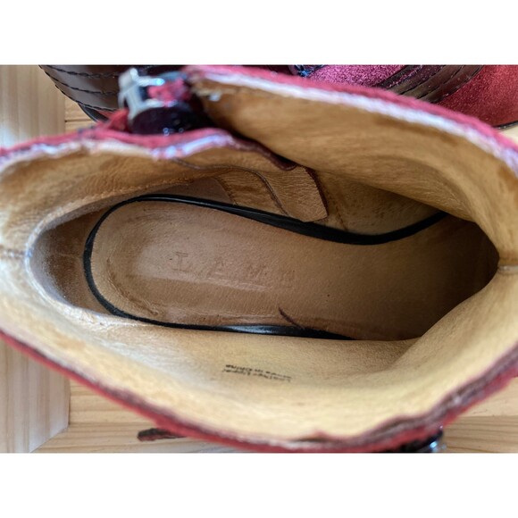 L.A.M.B. Nanetta Merlot Suede & Leather Strap Hearts Buckle Ankle Booties Size 6 - Picture 3 of 12